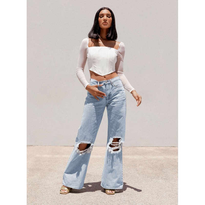 Maple Flare Jeans Knee Rips Light Wash Denim
