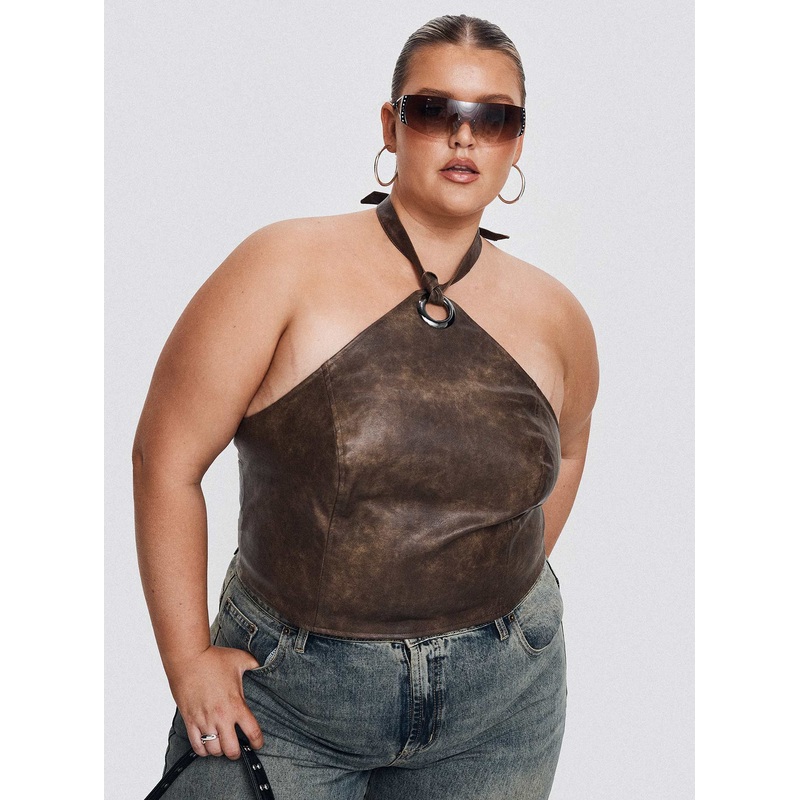 Treat You Better Ring Detail Faux Leather Top Brown Curve