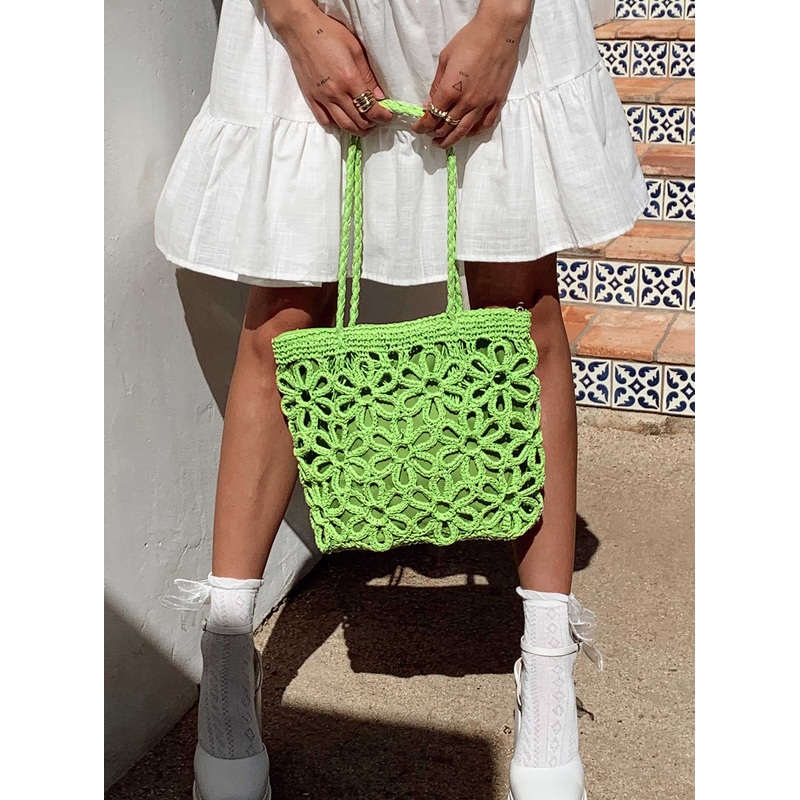 Welby Crochet Flower Tote Green