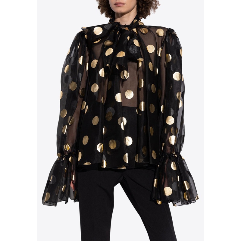 Silk Organza Lam Polka-Dot Jacquard Blouse