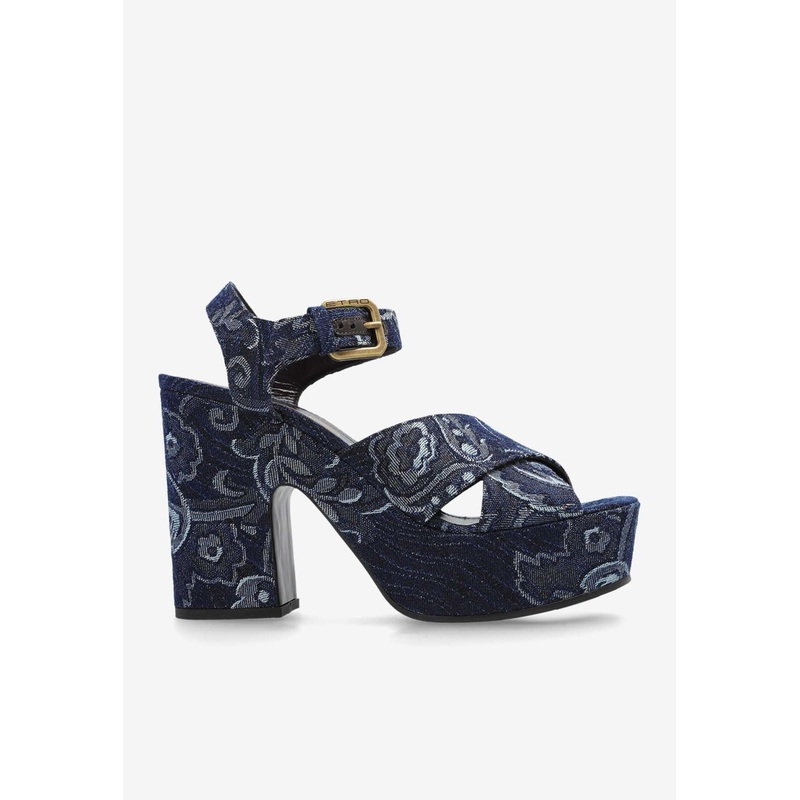 100 Floral Jacquard Denim Platform Sandals