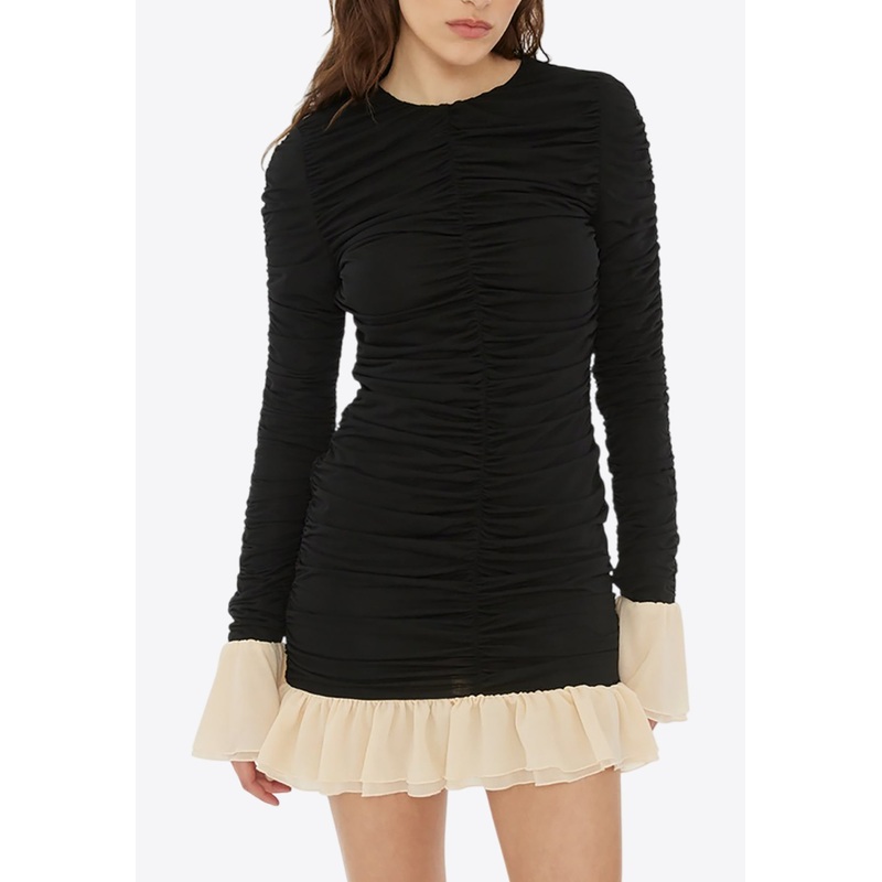 Ruffle-Trimmed Ruched Mini Dress