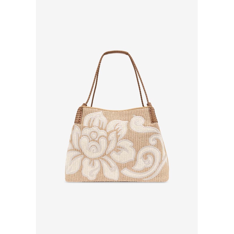 Embroidered Raffia Shoulder Bag
